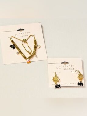 LC Lauren Conrad Gold Spiderweb bracelet and Black Spider Dangle Earrings